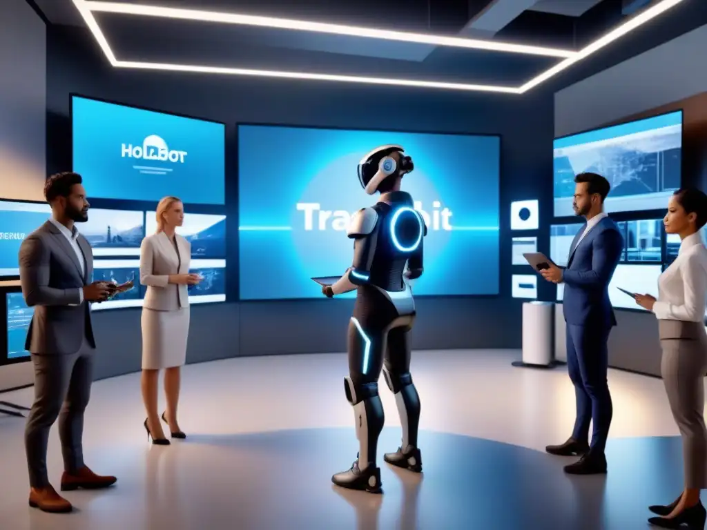 Un equipo diverso en trajes futuristas de exoesqueleto, junto a un cobot, en sesión de entrenamiento en sala de alta tecnología