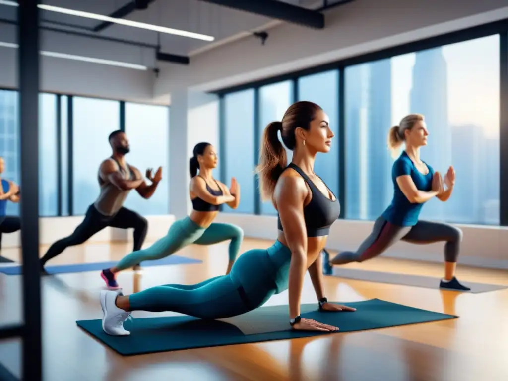 Un equipo diverso en trajes profesionales disfruta de yoga, jogging y pesas en un gimnasio de oficina moderno