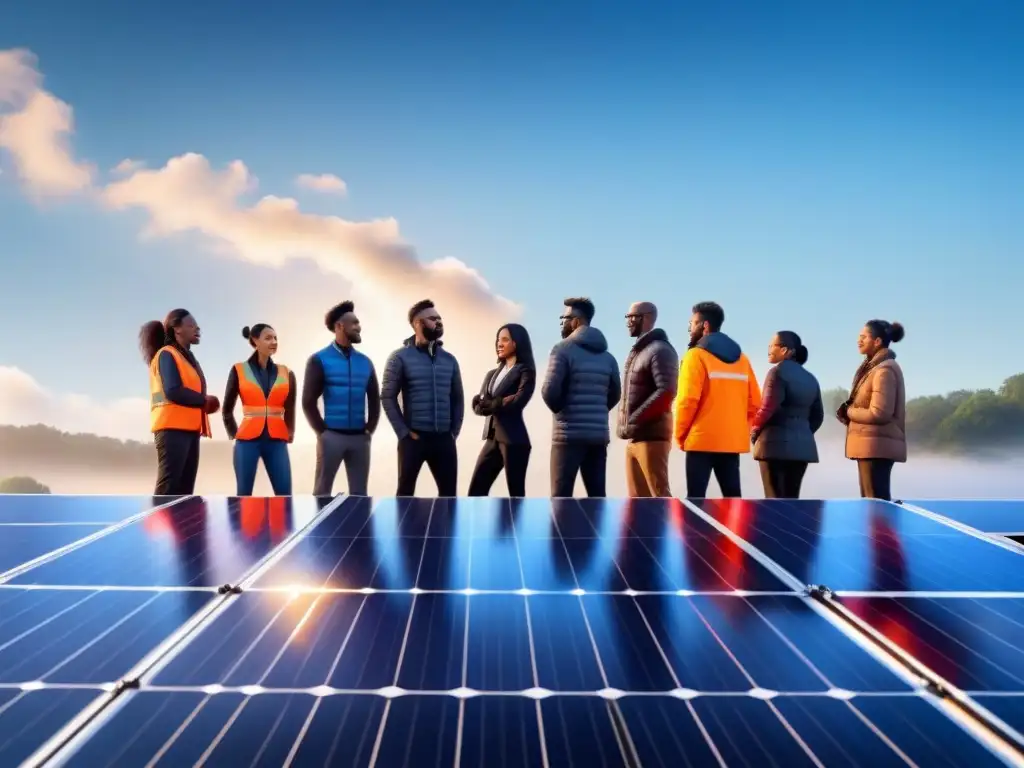 Equipo diverso trabajando unido en un campo solar, simbolizando el impacto positivo de las energías renovables en la desigualdad económica