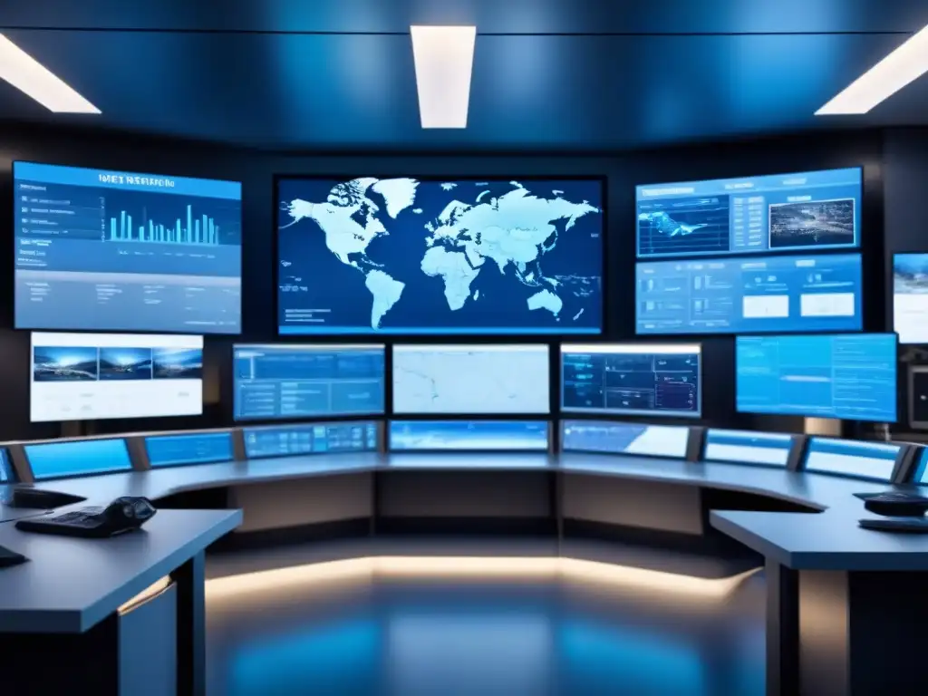 Equipo de emergencias en sala de control moderna, monitores con datos en tiempo real y mapa digital