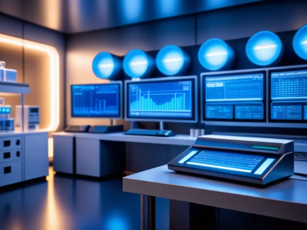 Equipo de laboratorio biotecnológico futurista con datos complejos sobre innovación y regulaciones