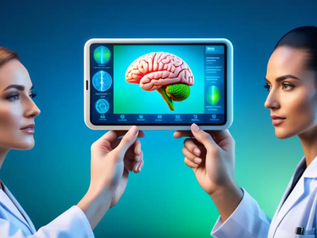 Avanzada tecnología médica: Escáner 3D de cerebro en pantalla táctil Equipo médico diverso usando dispositivos portátiles diagnóstico revolución para explorar cerebro en 3D