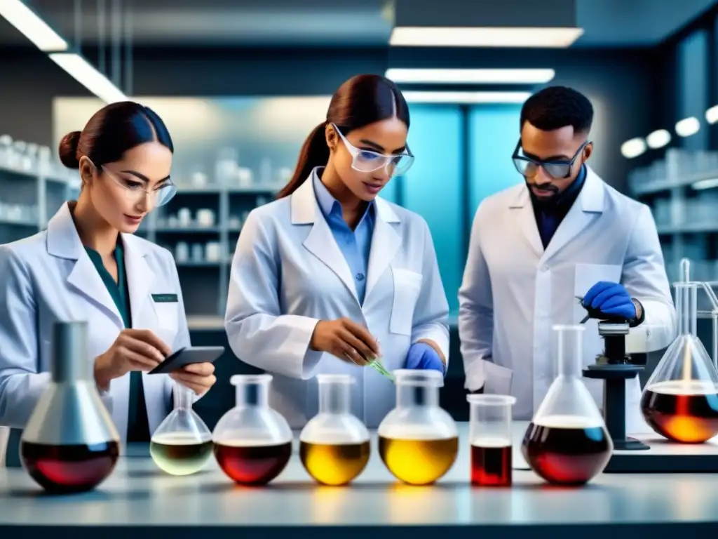 Equipo de profesionales en laboratorio moderno implementando químicos sostenibles con éxito