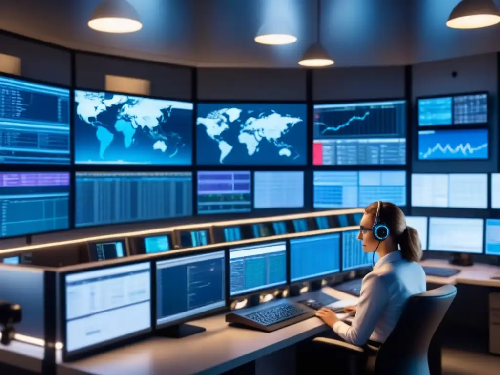 Equipo de profesionales en sala de control de alta tecnología, monitores con datos en tiempo real y mapa digital de emergencias