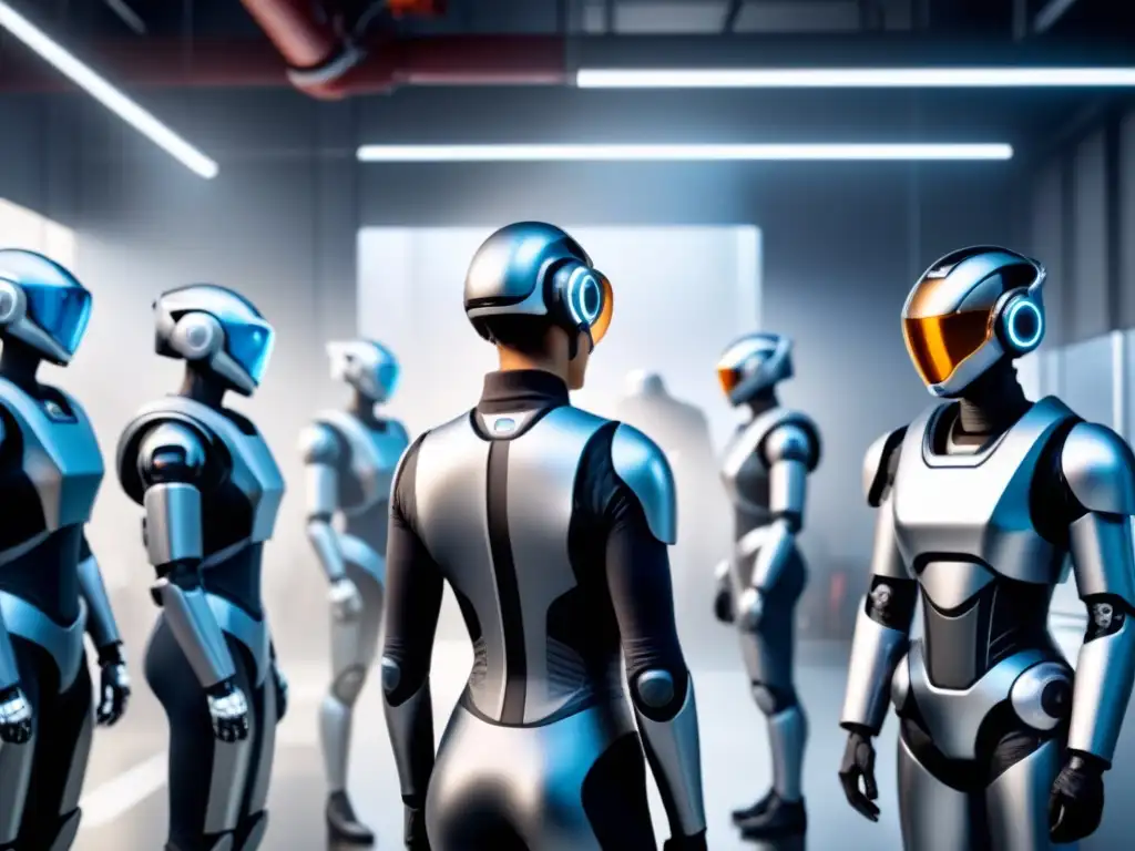 Equipo de trabajo colaborativo con cobots en un espacio industrial moderno y futurista