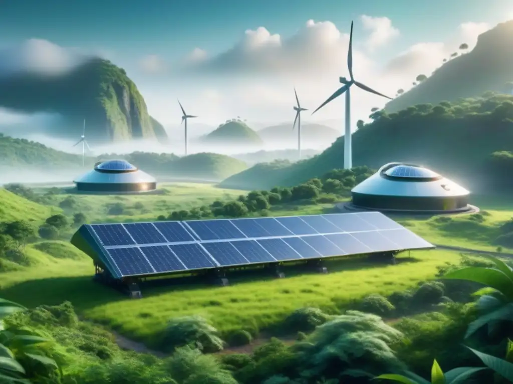 Equipos biominería tecnologías minería verde: Equipo minero futurista rodeado de energías sostenibles y vegetación exuberante en alta resolución 8k