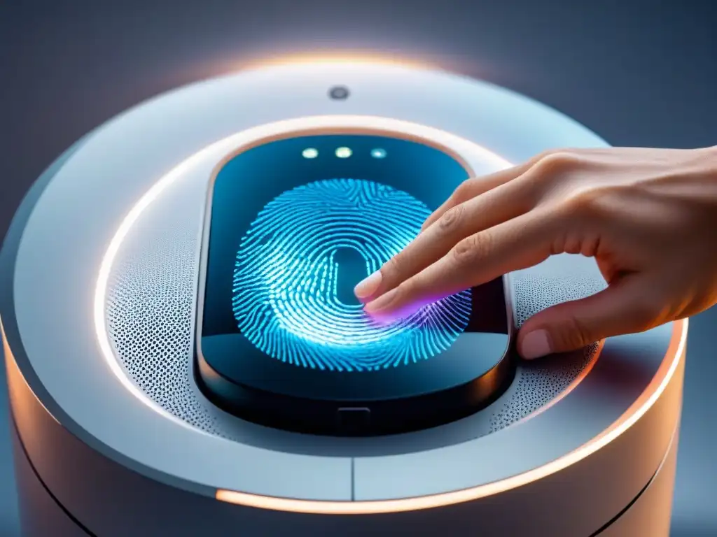Un escáner biométrico futurista mostrando una huella digital en detalle, simbolizando seguridad y privacidad en ensayos clínicos