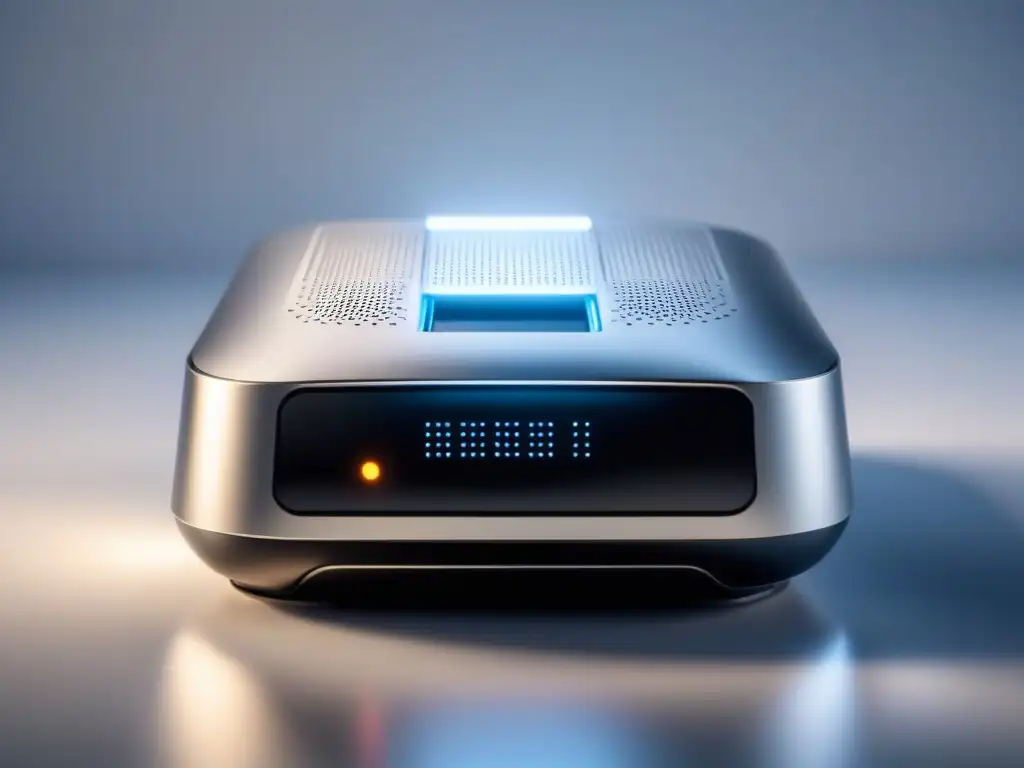 Un escáner biométrico plateado y futurista con patrones de datos en pantalla, en un fondo blanco limpio, ideal para biometría en ensayos clínicos