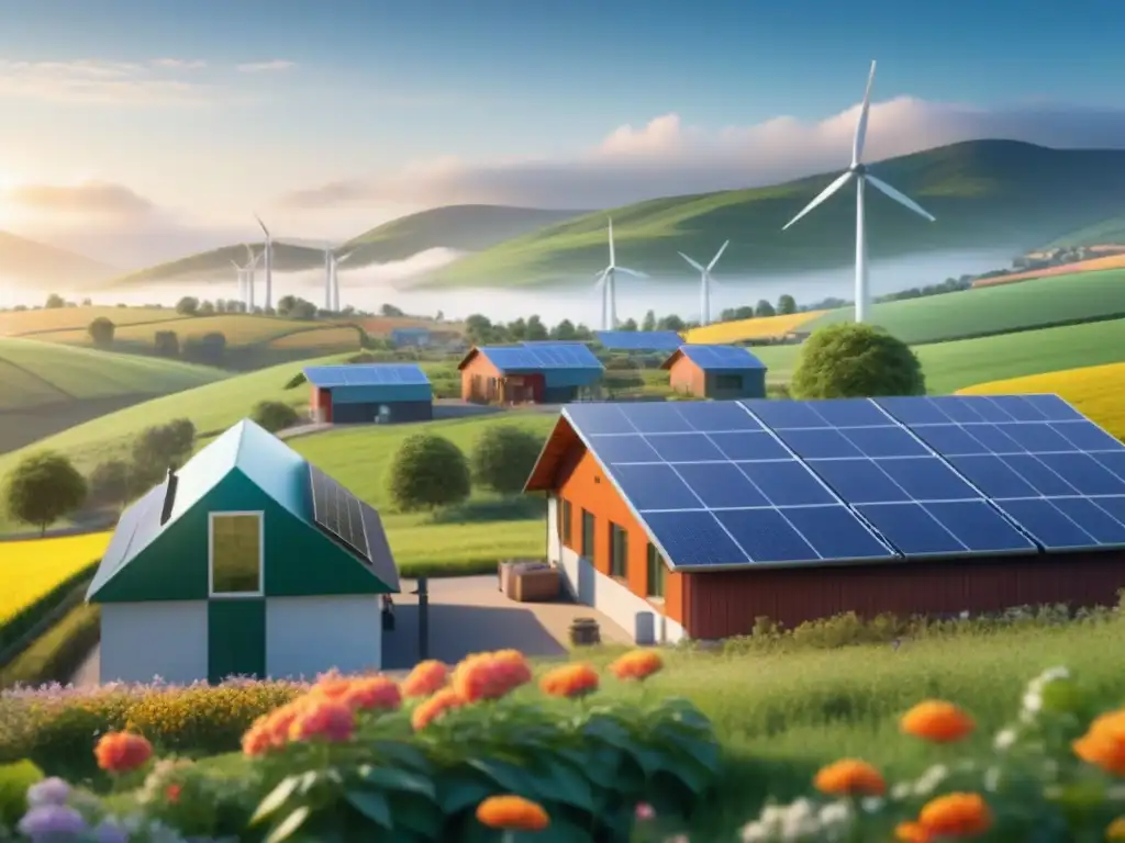 Una escena armoniosa de microredes transformando comunidades sostenibles con paneles solares, turbinas eólicas y baterías modernas en un pueblo rural
