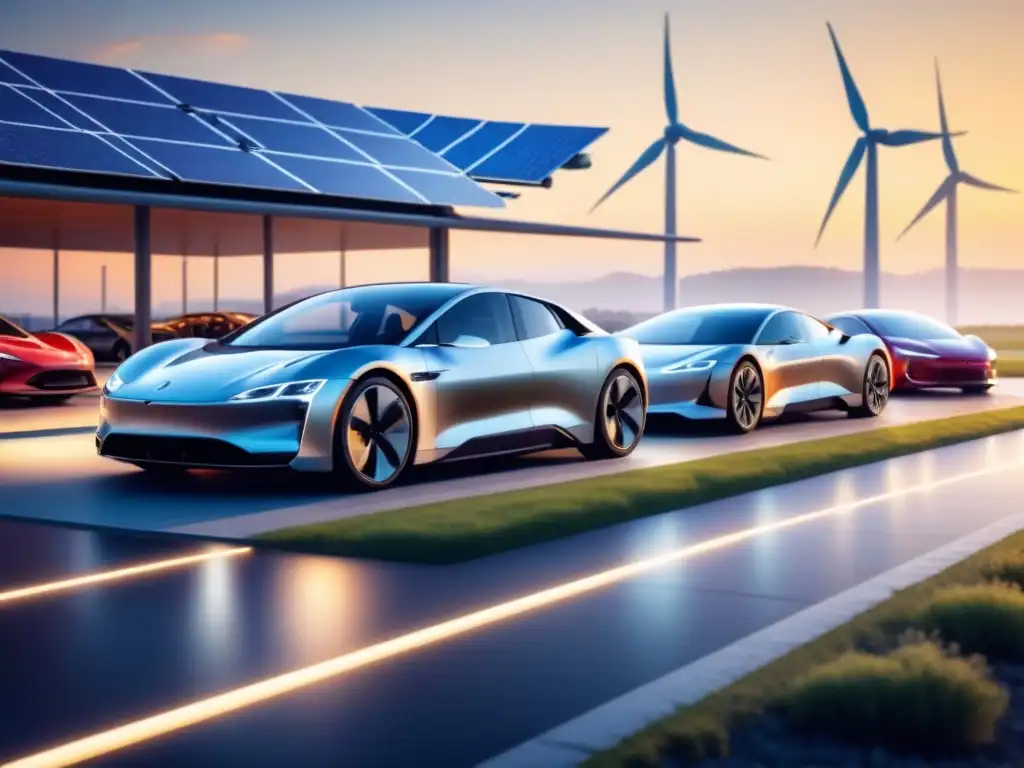 Escena ecofriendly: fábrica moderna con paneles solares, turbinas eólicas y autos eléctricos