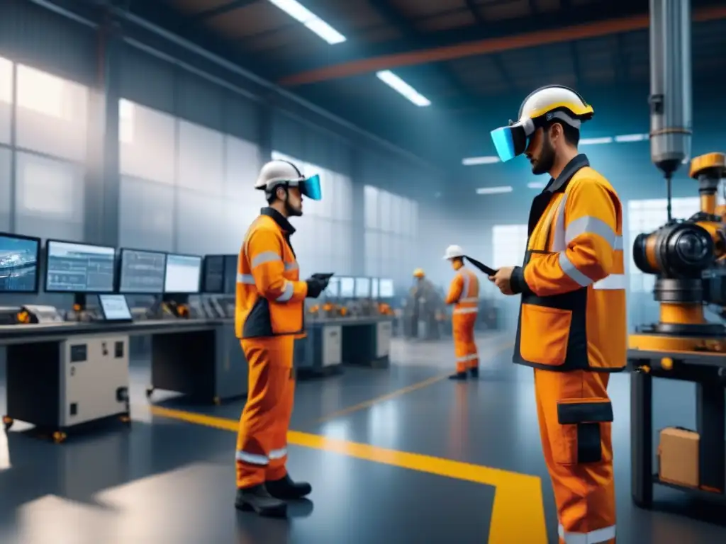Escena de fábrica industrial futurista con trabajadores y realidad mixta en formación industrial
