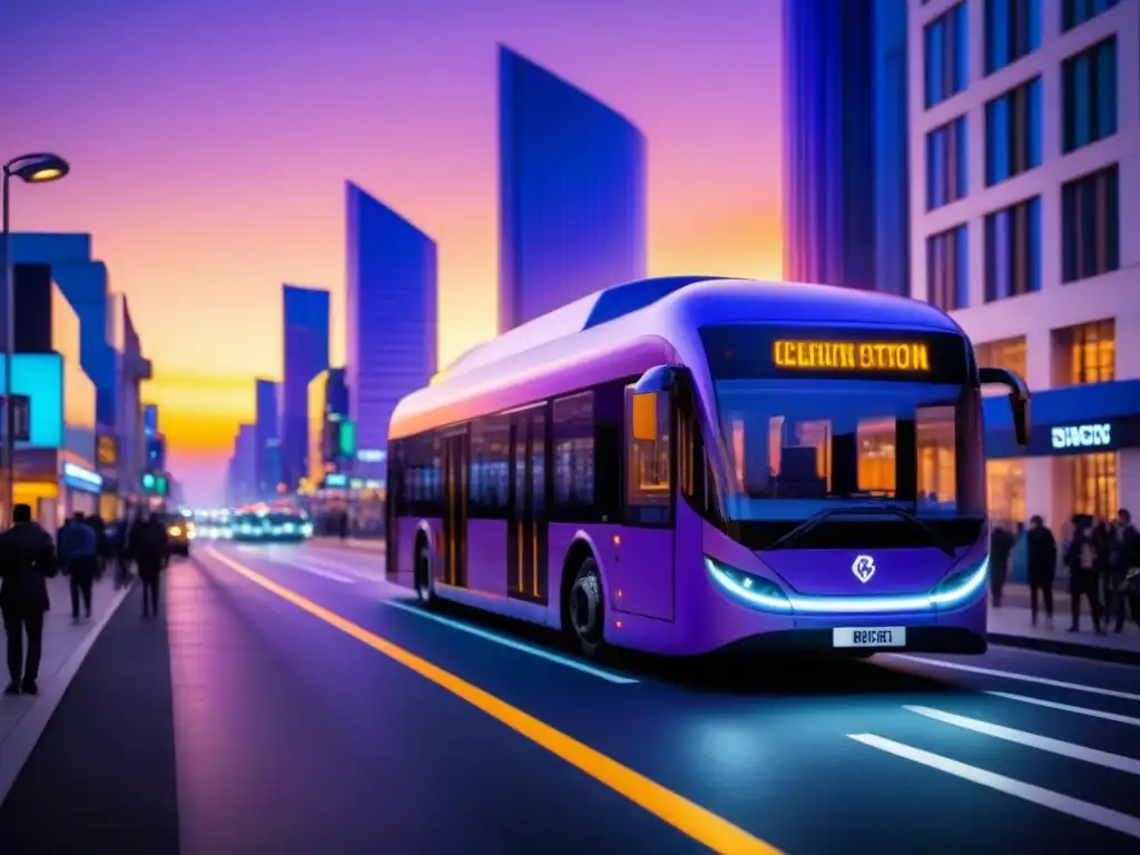 Escena futurista de una ciudad al anochecer con infraestructura inteligente y transporte sostenible