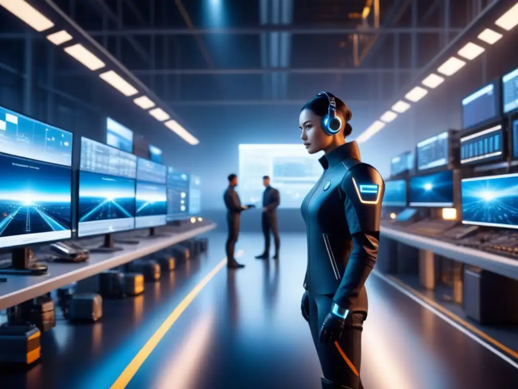 Escena futurista: Complejo industrial avanzado con IA integrada en trabajadores humanos