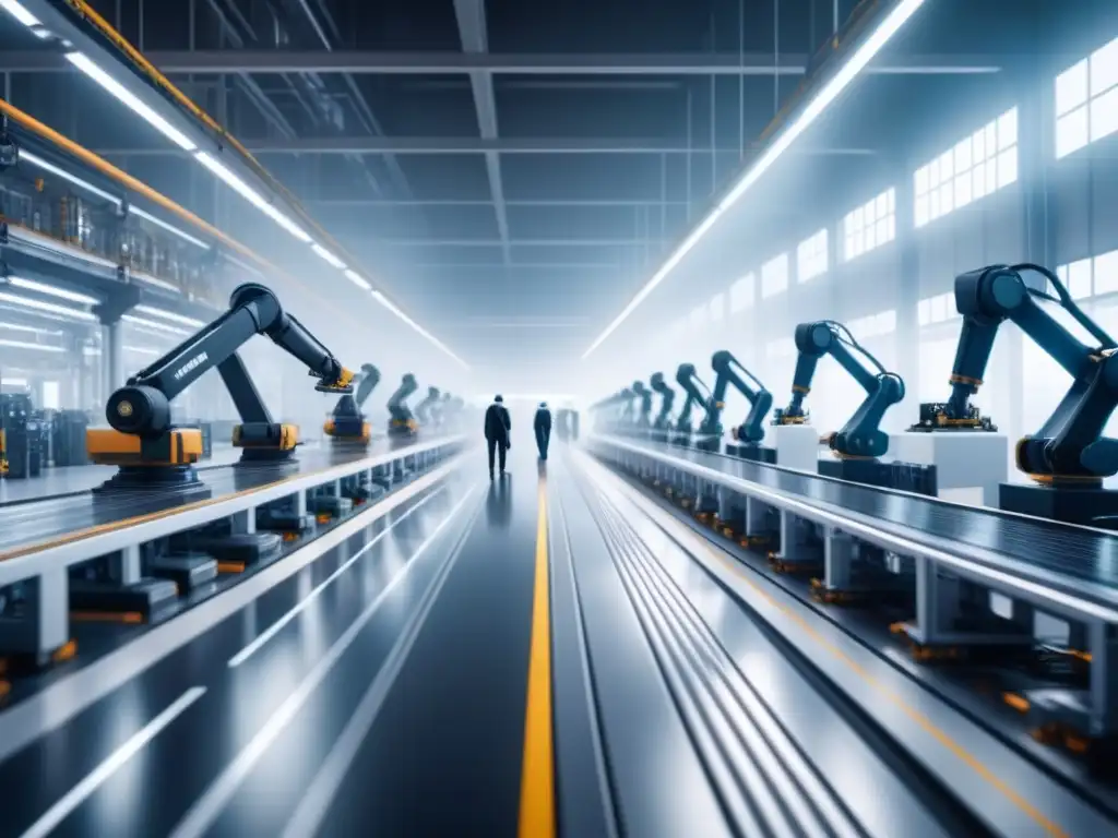 Factory del Futuro: Integración Robótica y Humana para Eficiencia Una escena futurista en una fábrica con robots y empleados, simbolizando la automatización de procesos para productividad