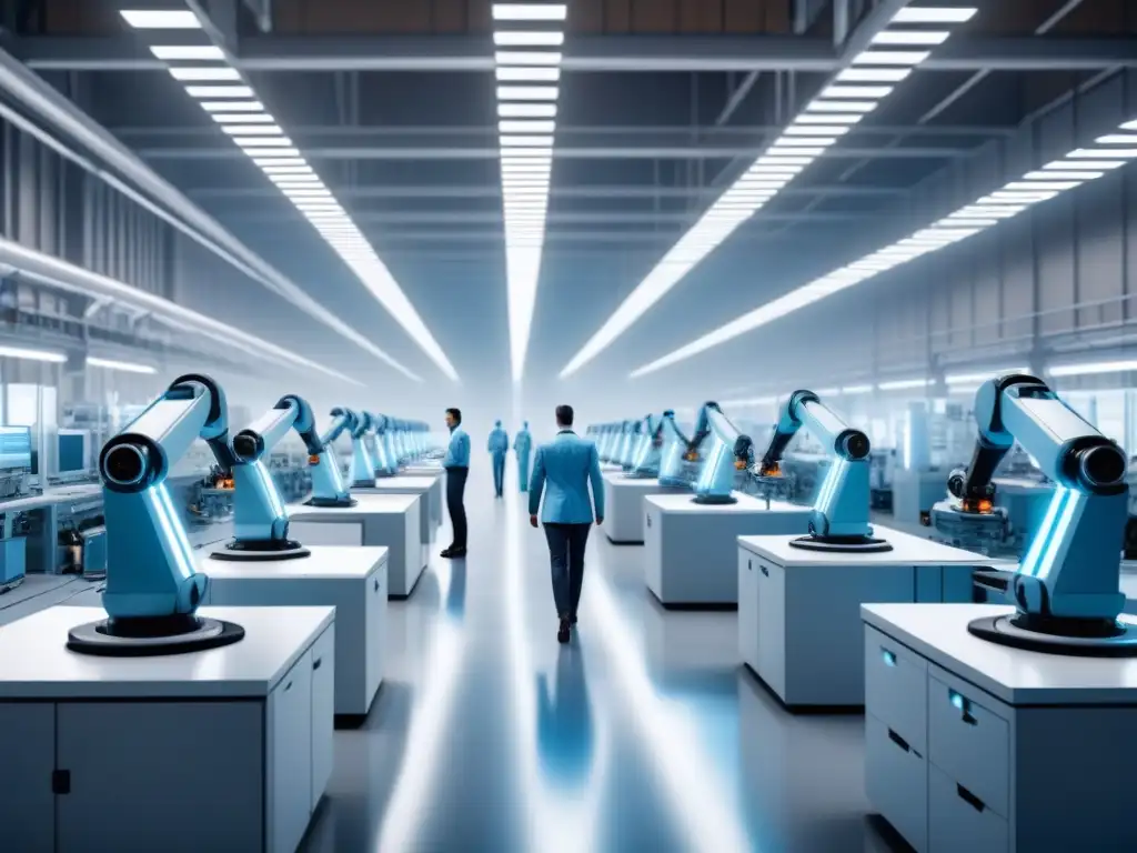 Fabrica futurista: robots ensamblan productos con eficiencia Una escena futurista de automatización en una fábrica, donde robots y humanos trabajan en armonía para aumentar la productividad