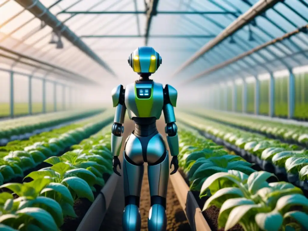 Escena futurista en granja con robots cuidando plantas