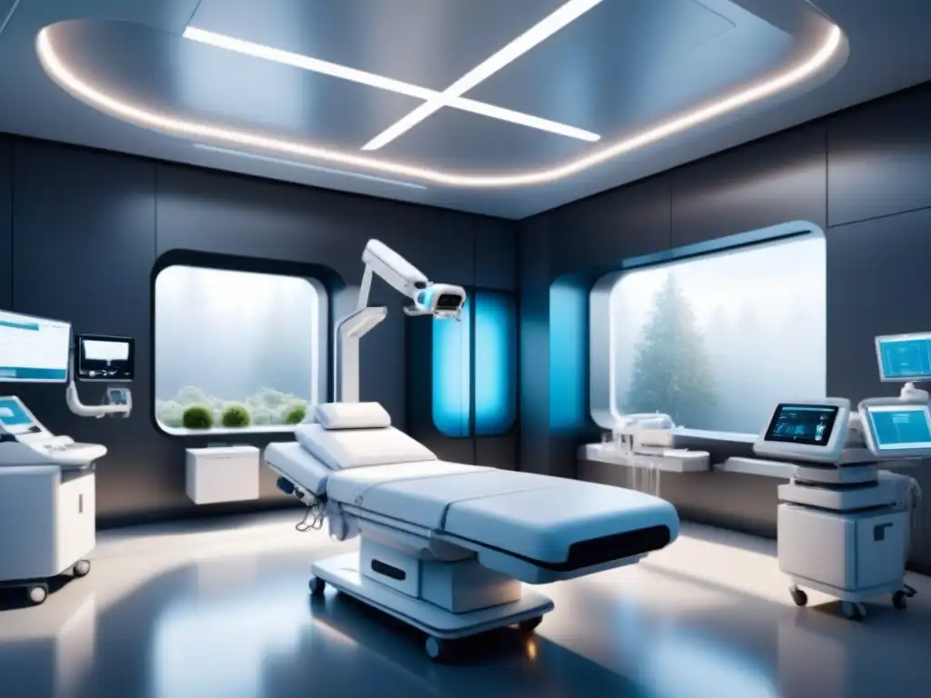 Escena futurista en hospital: IA en Salud integra equipo médico avanzado en diseño minimalista, iluminado por luz natural