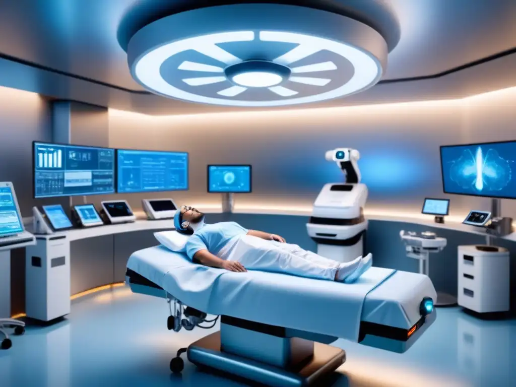 Escena futurista de un hospital con tecnología de Inteligencia Artificial en medicina futura