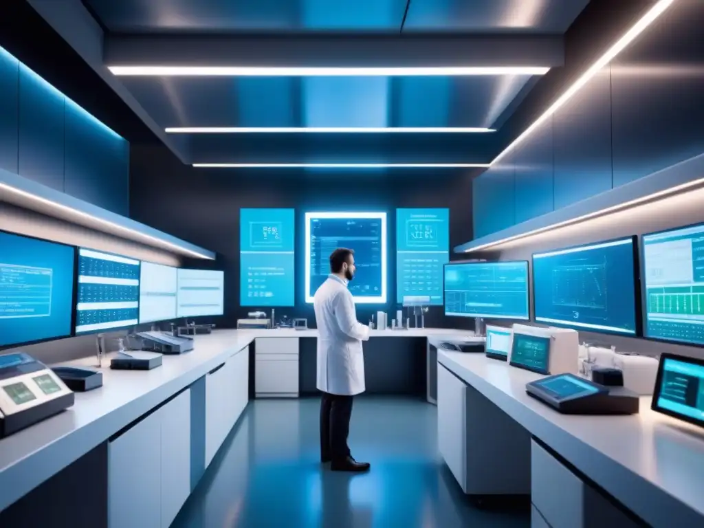 Escena futurista de laboratorio biotecnológico con diseño minimalista en blanco, azul y verde