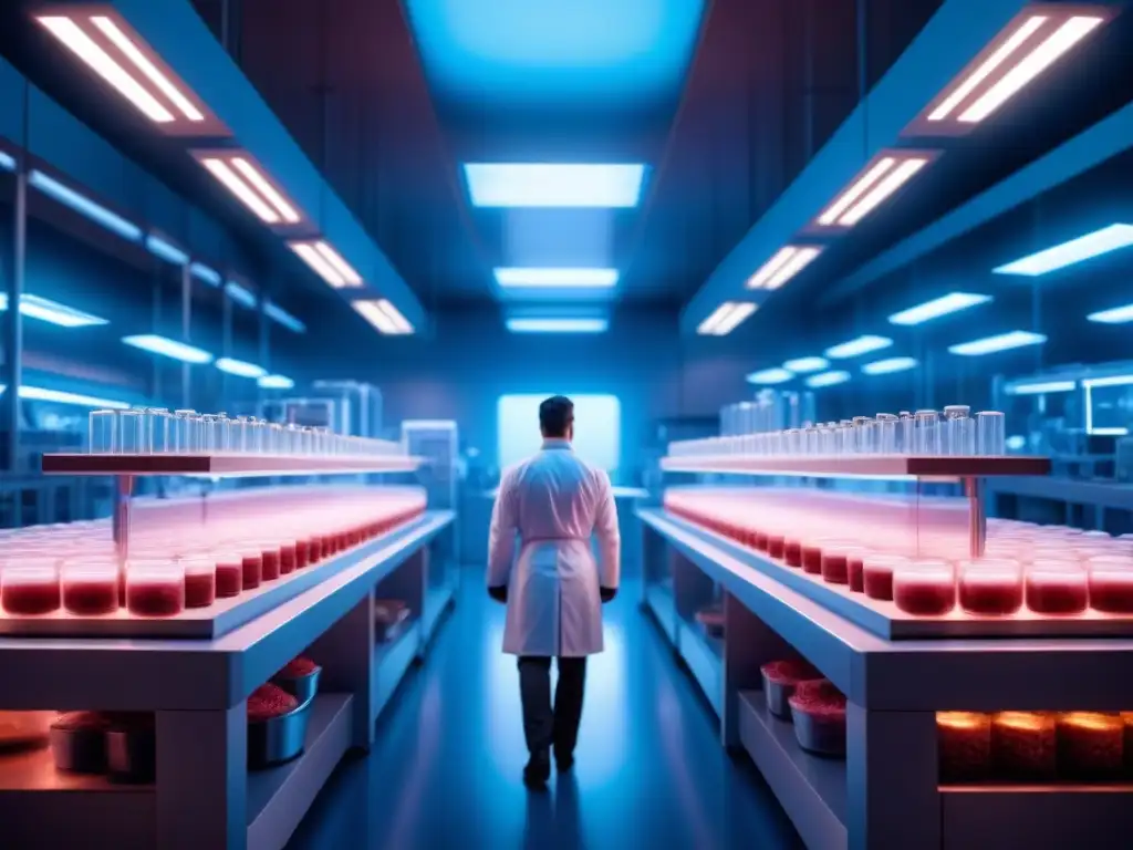 Escena futurista en laboratorio con equipos de biotecnología cultivando carne en laboratorio bajo luz azul