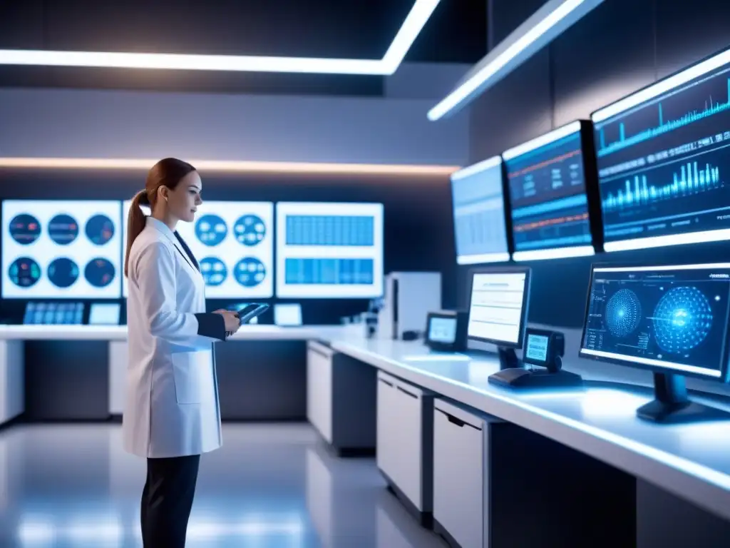 Escena futurista de laboratorio con AI optimizando procesos biotecnología