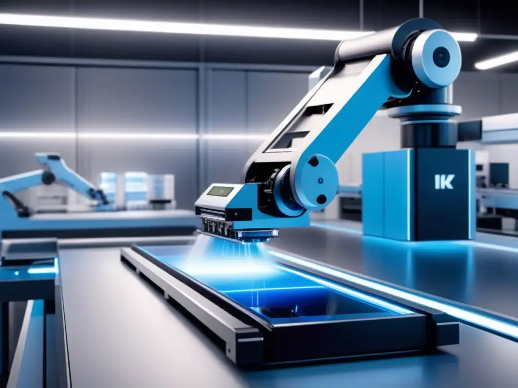 Escena futurista de línea de producción de empaquetado con inteligencia artificial en instalación de alta tecnología