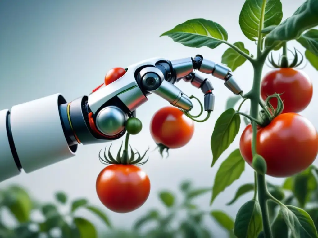 Una escena futurista de una mano robótica extrayendo un tomate rojo de una vid, simbolizando la Inteligencia Artificial en Producción Alimentaria