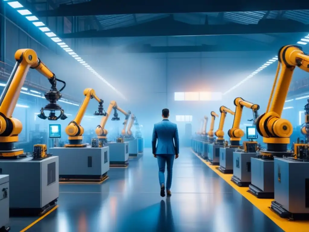 Escena futurista en fábrica: robots ensamblan maquinaria en un ambiente iluminado de azul, simbolizando la transformación IIoT industria manufacturera