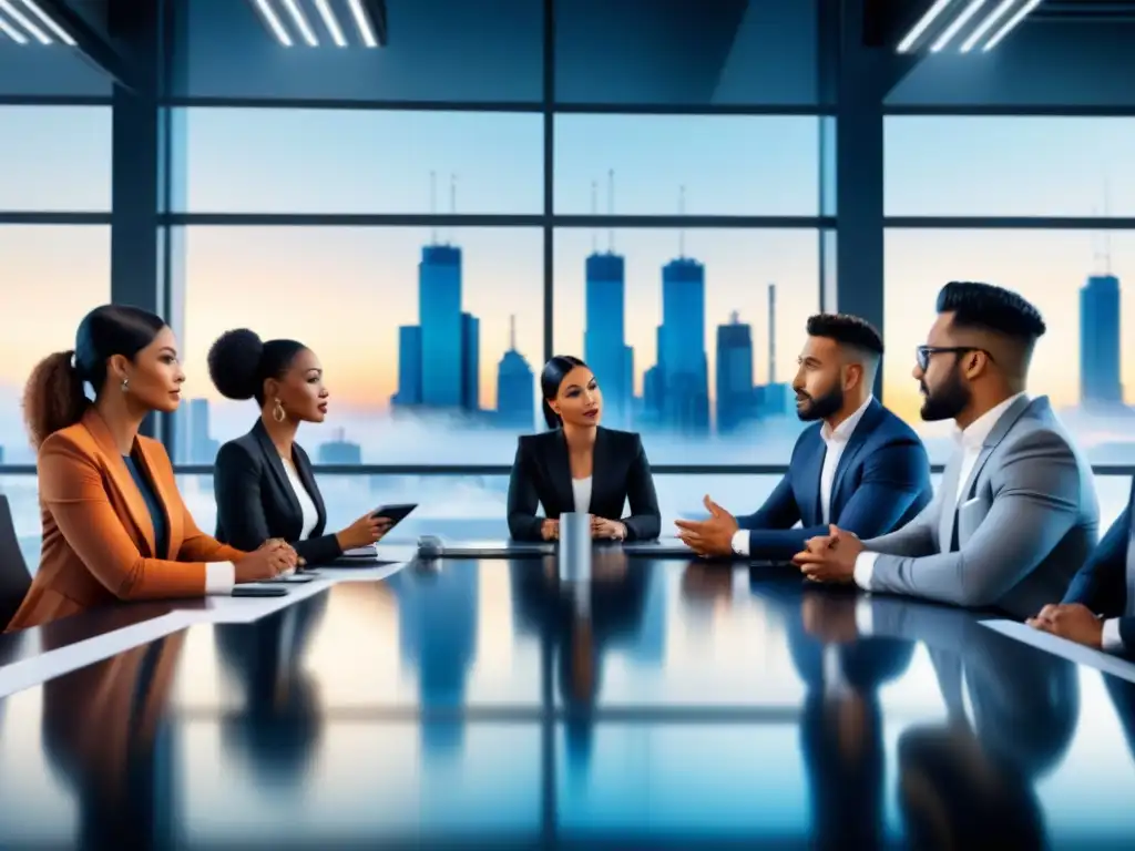 Una escena futurista en una mesa de conferencias con profesionales diversos, simbolizando la colaboración en comunidades industriales