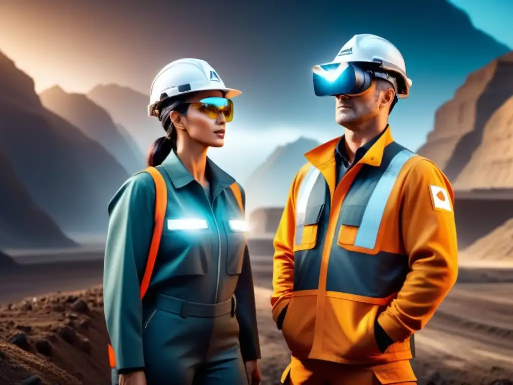 Una escena futurista de minería sostenible con maquinaria avanzada y trabajadores con auriculares de realidad mixta para seguridad y eficiencia