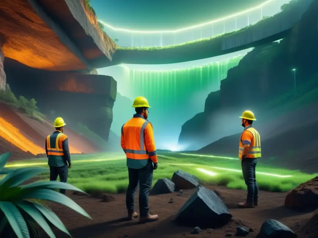 Escena futurista de minería sostenible con realidad mixta en acción