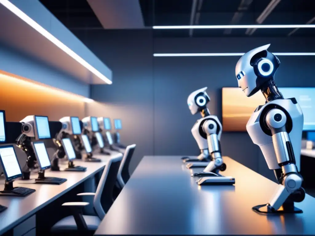 Una escena futurista en una oficina moderna con robots y empleados colaborando en la automatización procesos robóticos empresas