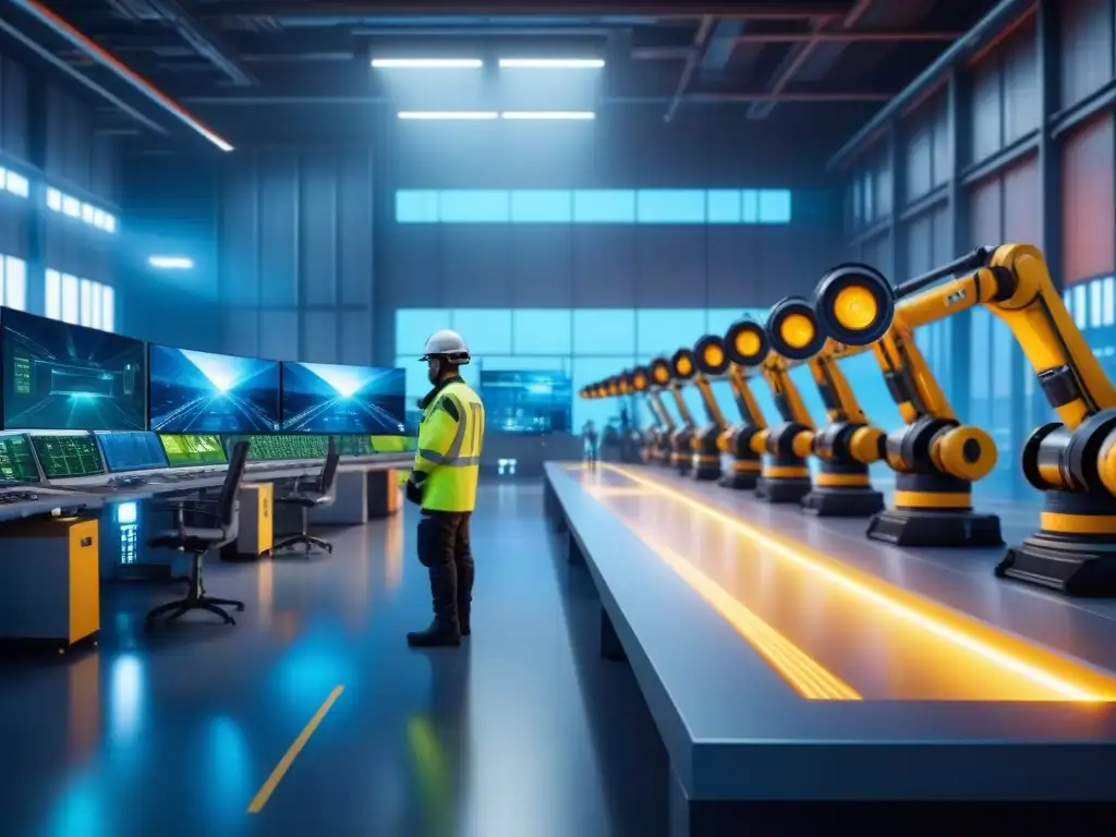 Escena futurista de planta industrial con robots y máquinas con AI, operarios en equipo de protección, sala de control tecnológica