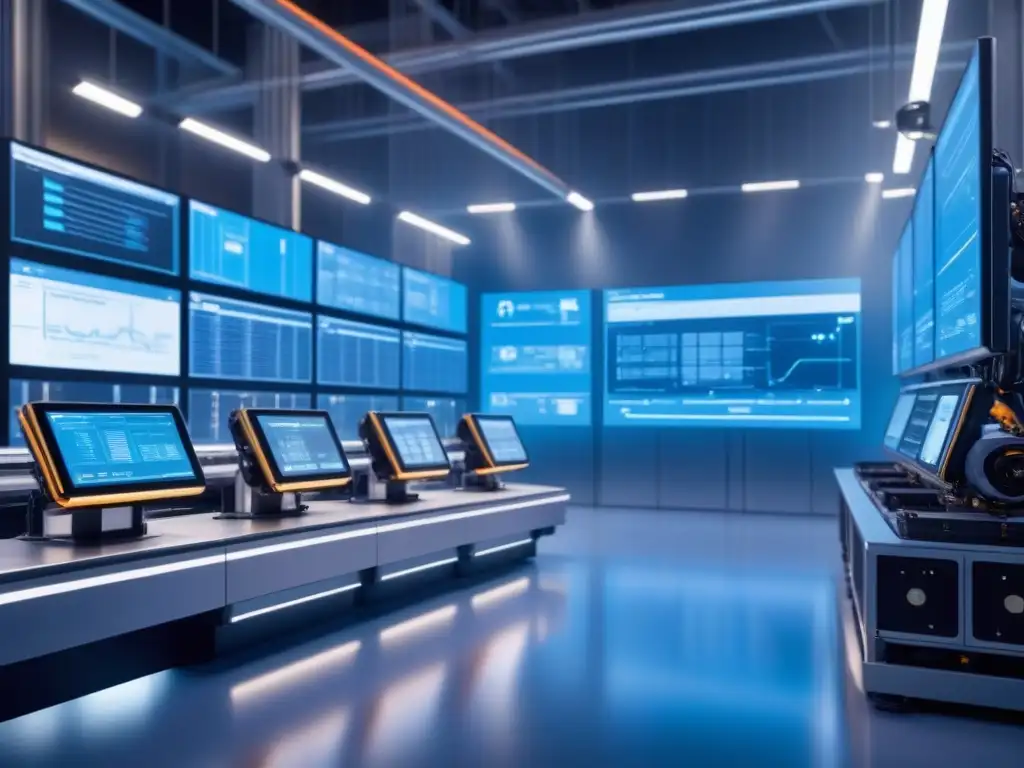 Planta de fabricación futurista: eficiencia y tecnología de vanguardia Escena futurista de una planta de manufactura con maquinaria moderna y conectada, bañada en luz azul