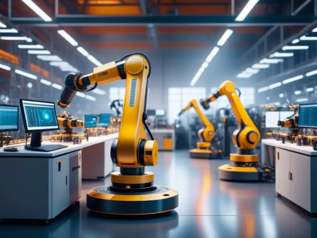 Escena futurista de una planta de manufactura con robots ensamblando maquinaria con precisión, destacando la manufactura flexible tendencias 2023