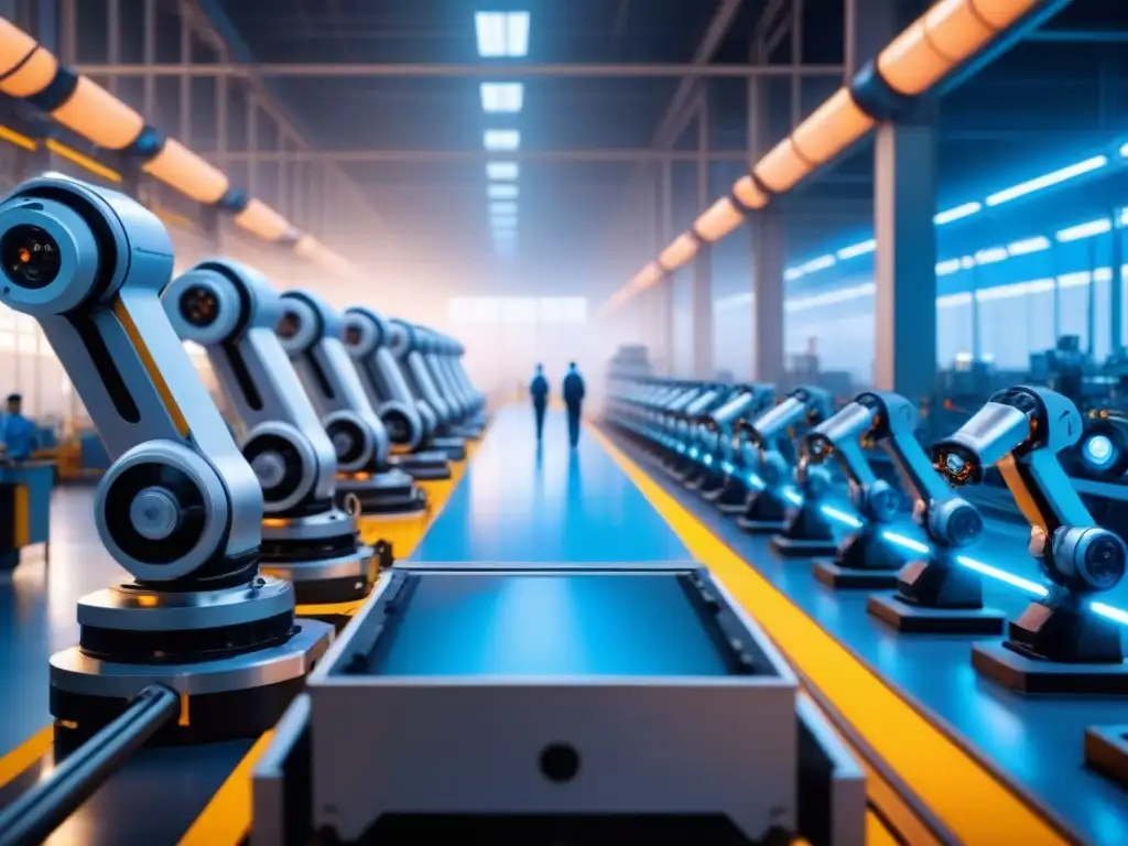 Escena futurista de planta manufacturera con inteligencia artificial en manufactura flexible