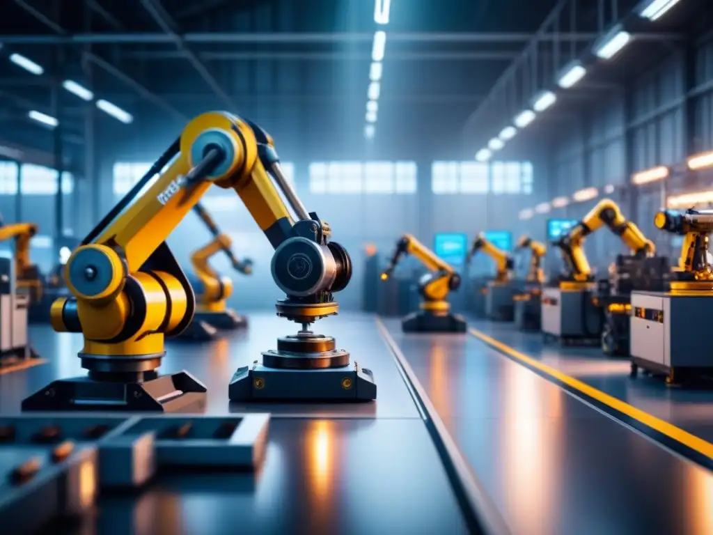 Planta de fabricación futurista: robots ensamblan con precisión Escena futurista en planta manufacturera: robots ensamblan maquinaria con precisión