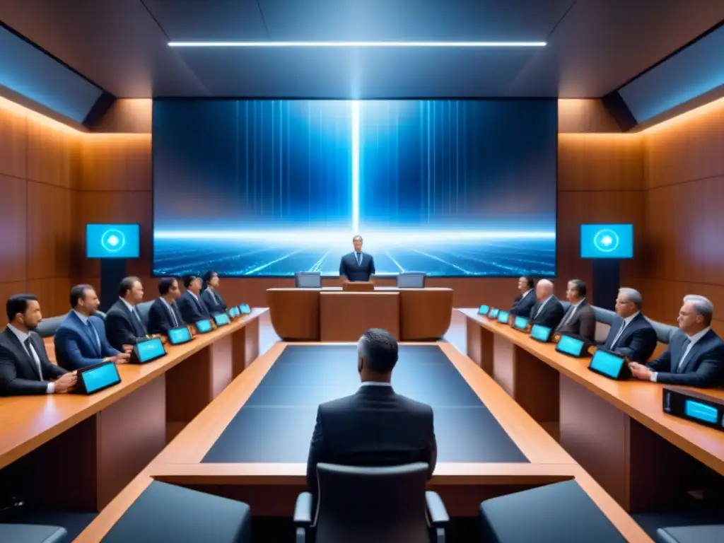 Escena futurista en una sala de tribunal con hologramas de IA, abogados y jueces, representando la protección legal de desarrollos tecnológicos