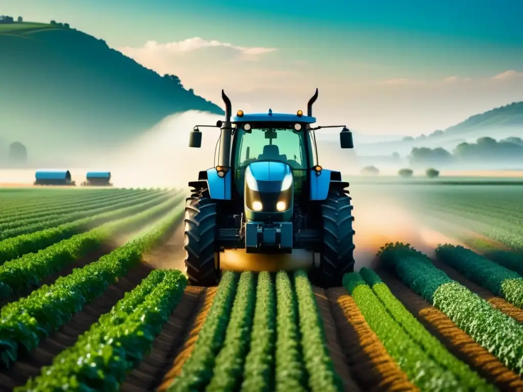Escena futurista: tractor automatizado en campo verde bajo el sol