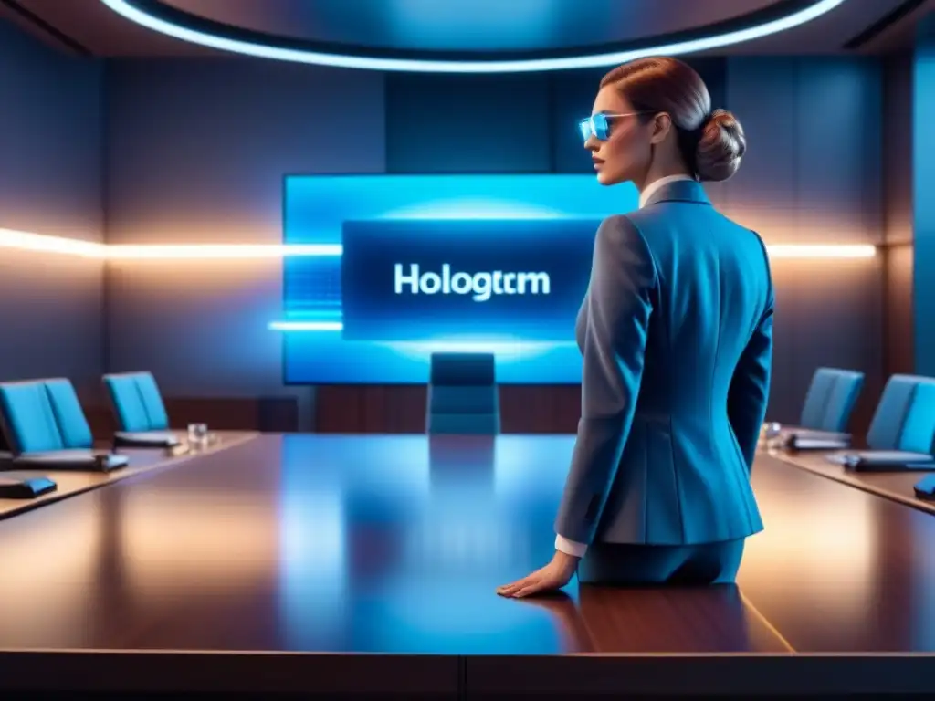 Escena futurista en tribunal tecnológico con hologramas de propiedad intelectual