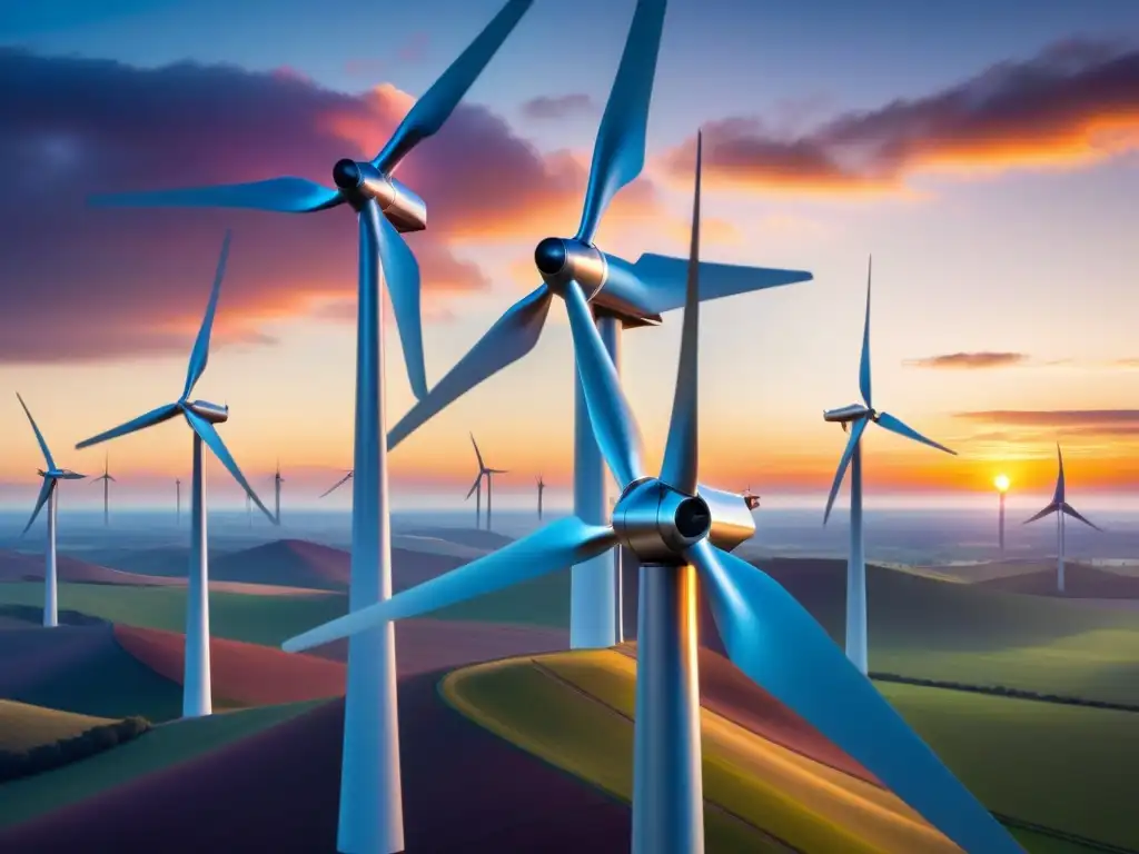 Una escena futurista con una turbina eólica destacando en un atardecer vibrante, simbolizando innovaciones en patentes energéticas sostenibles