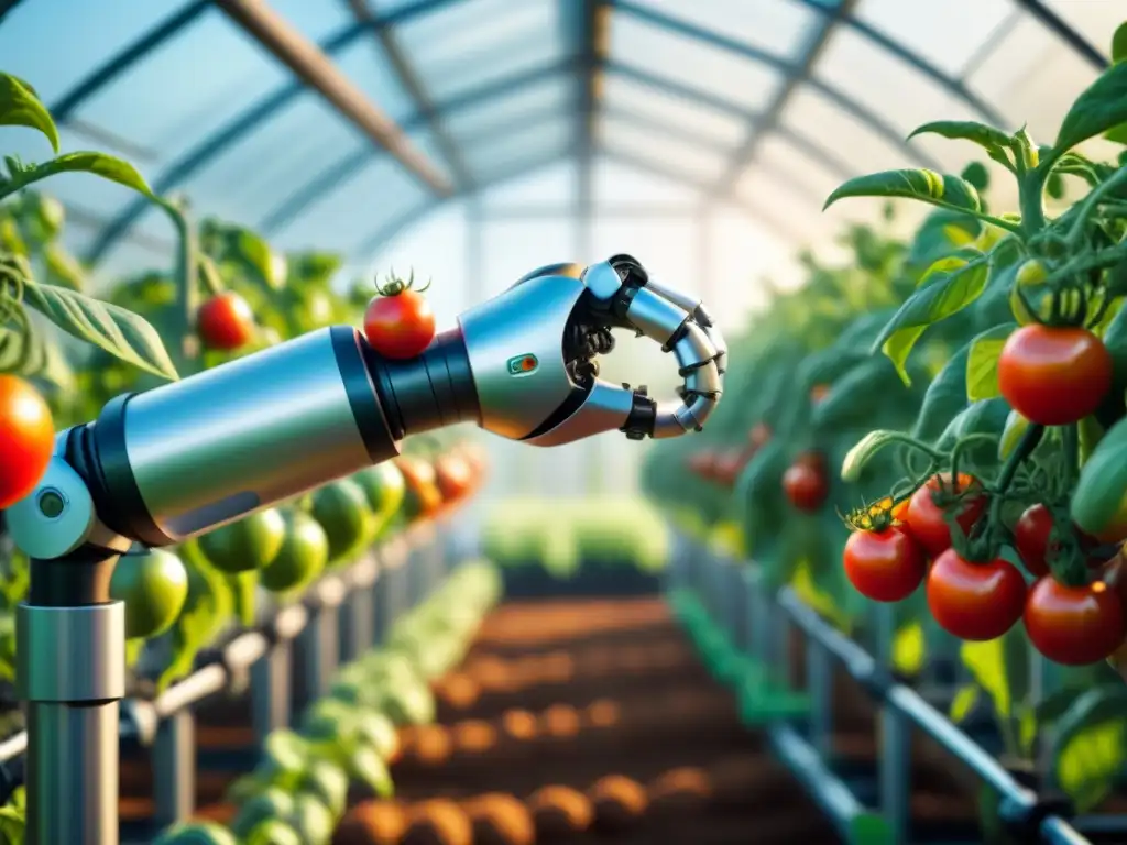 Una escena impresionante de robótica para gestión ambiental sostenible: un brazo robótico futurista recolecta tomates rojos en un invernadero avanzado