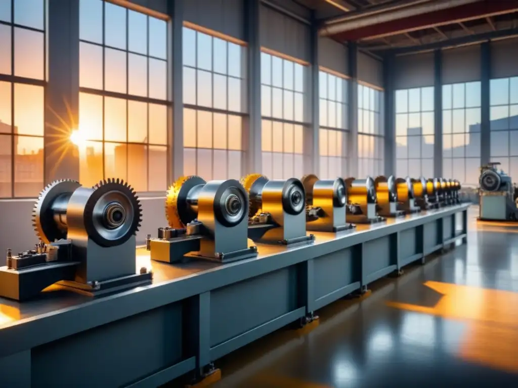 Maquinaria industrial al amanecer: eficiencia y precisión Escena industrial moderna al amanecer, con luz dorada iluminando líneas limpias y maquinaria, simbolizando eficiencia y precisión en marca
