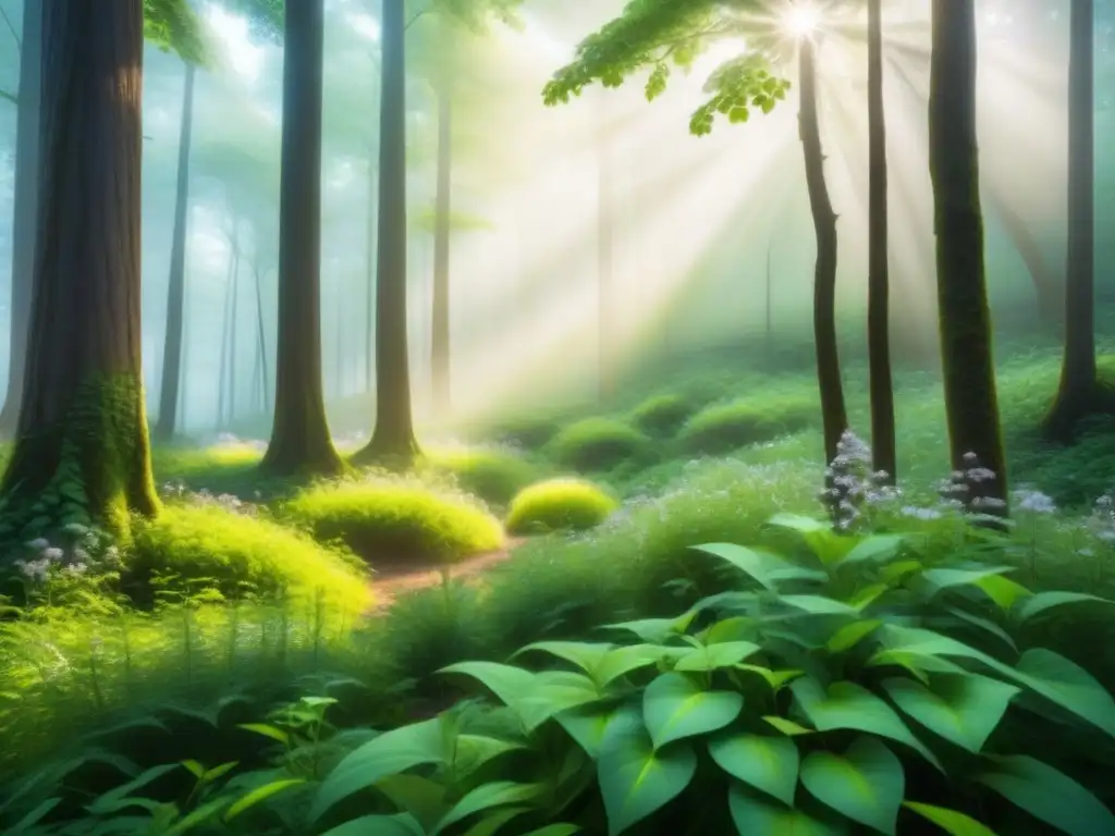 Escena mágica en un bosque exuberante con luz solar filtrada entre el dosel, enfocando hojas verdes y flores silvestres