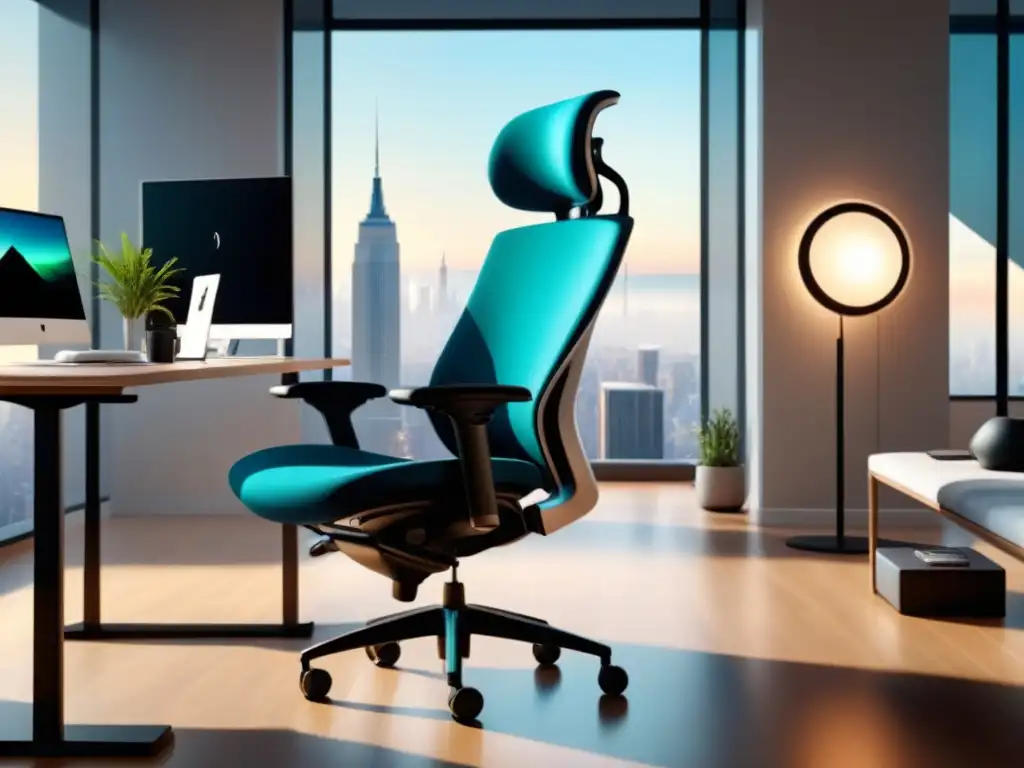 Escena profesional y ergonómica en oficina hogareña bien iluminada, con silla moderna y software ergonómico para diseño laboral