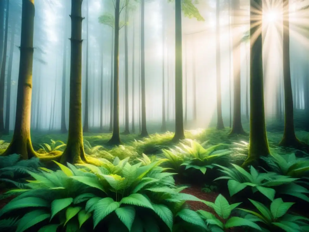 Escena serena de un bosque verde con rayos de sol, creando un ambiente sostenible