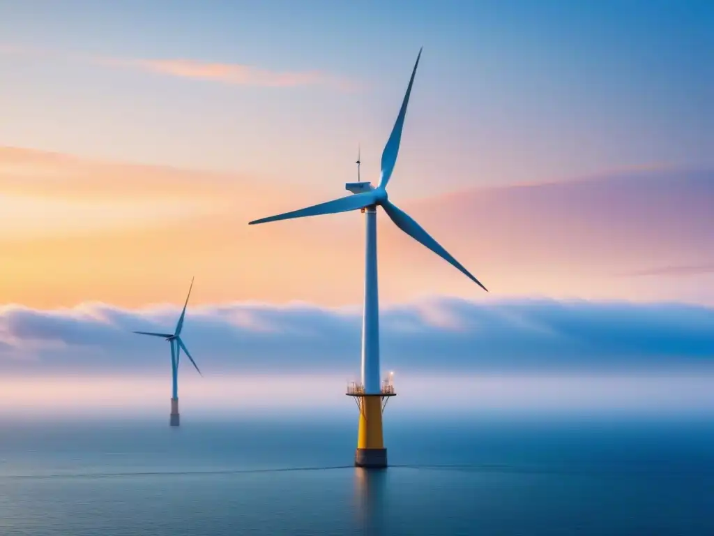 Escena serena al amanecer con una elegante turbina eólica offshore, reflejos cálidos en el mar y gaviotas