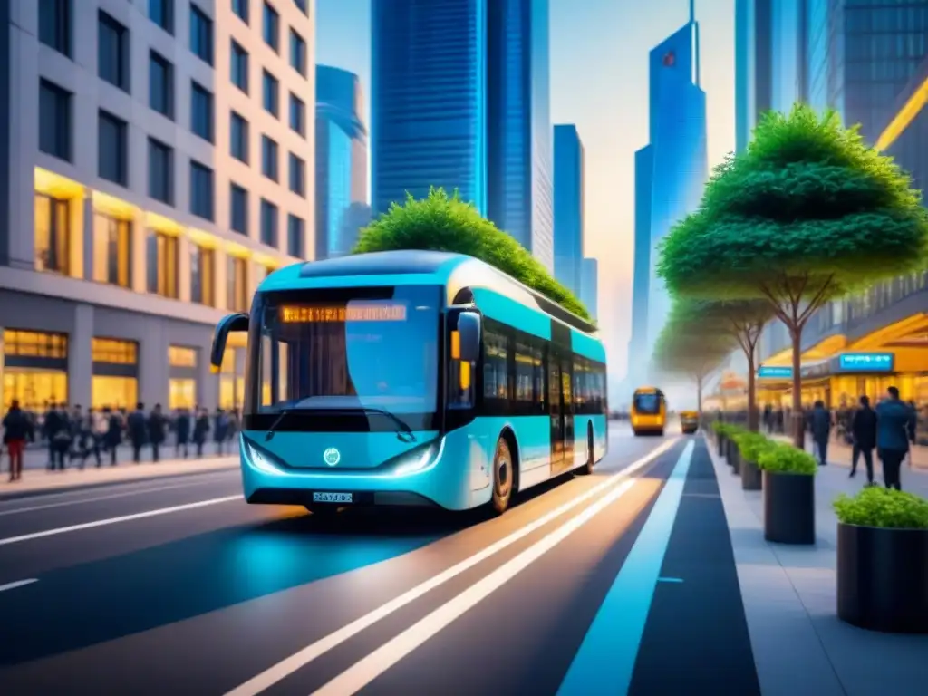 Escena urbana animada con buses eléctricos futuristas y edificios modernos, mostrando un sistema de transporte inteligente en ciudades verdes