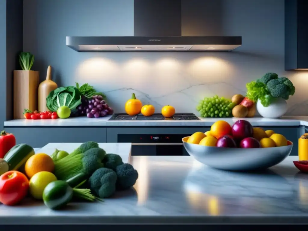 Escena vibrante de cocina moderna con frutas y verduras coloridas en encimera de mármol