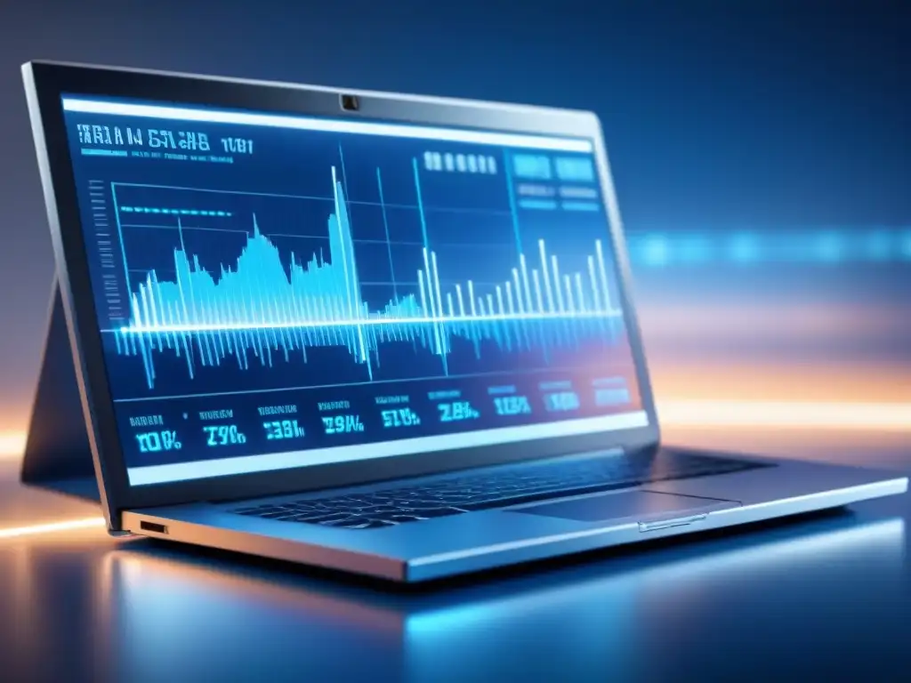 Un escenario futurista de análisis financiero con gráficos y datos iluminados, destacando la inteligencia artificial en finanzas